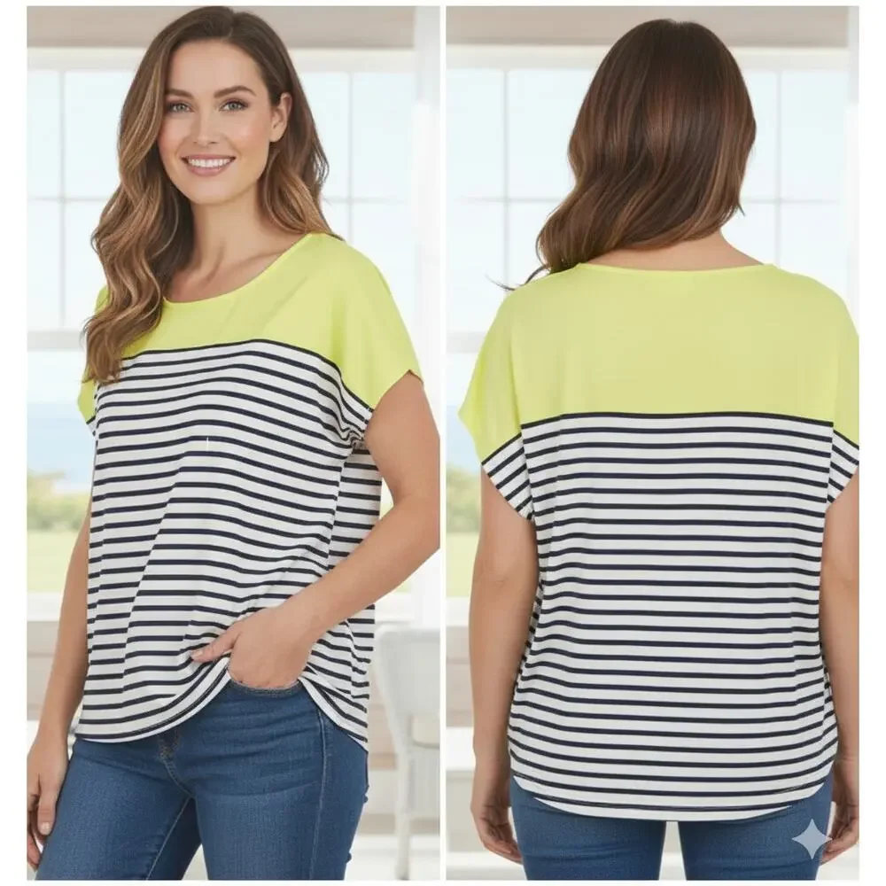 Chicos Womens XL Nautical Preppy Coastal Colorblock Striped‎ Dolman Sleeve Top